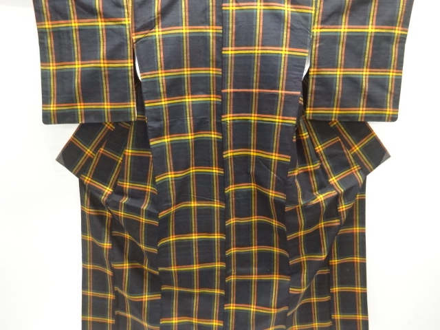 JAPANESE KIMONO / ANTIQUE KIMONO / SILK / TSUMUGI / WOVEN GRID